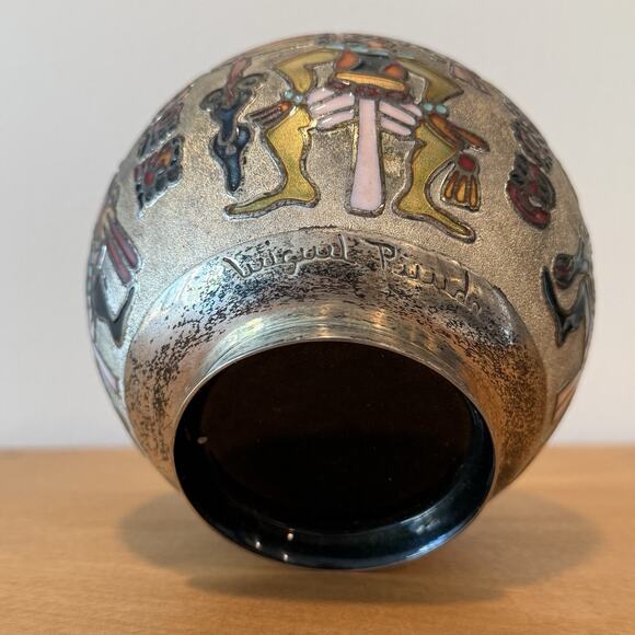 Vintage Miguel Pineda Champleve Enamel Bowl Vase Neo Mayan Mexico Silver Plated - Picture 6 of 7